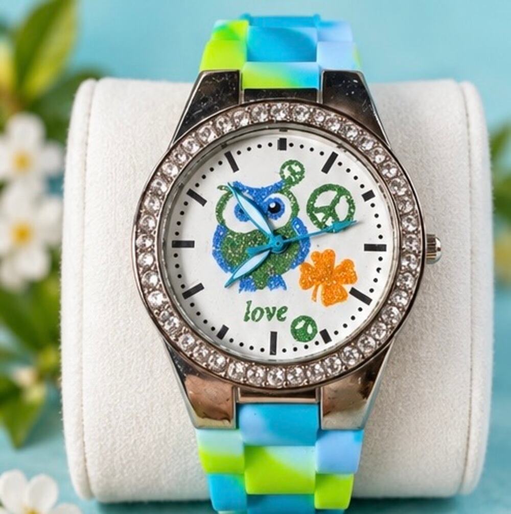 Twinkle Owl Peace Love Watch Rhinestone Silicone Band NWOT